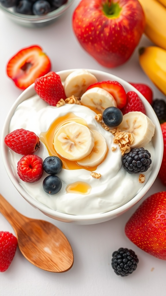 A bowl of Greek yogurt topped with berries and granola on a colorful table.